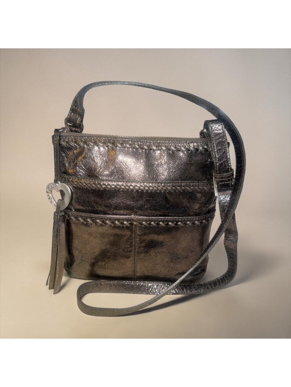 VTG Brighton Montego Crossbody F004773 Pewter Metallic Patent Leather Bag + Char